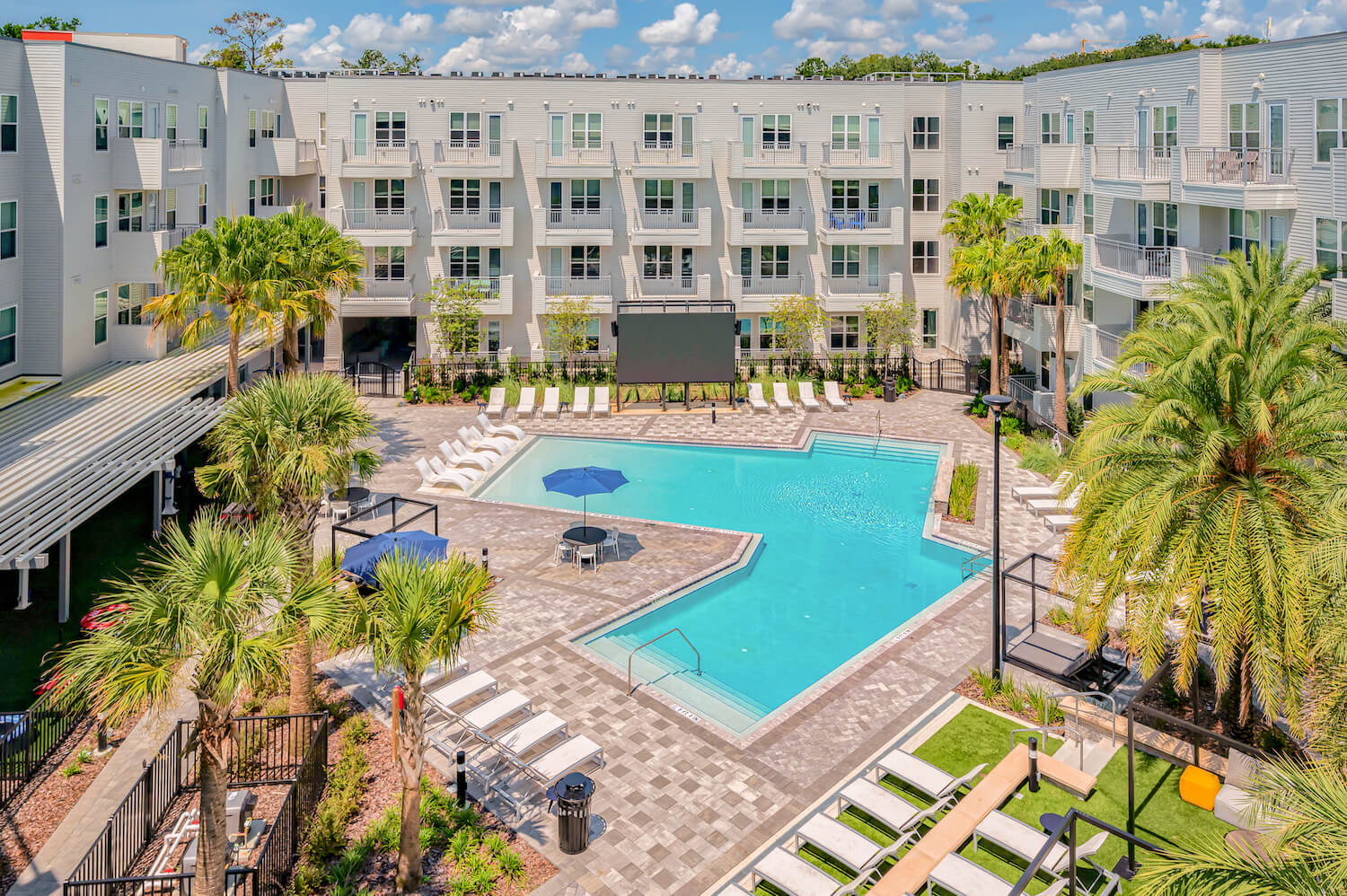 aerial view of the pool at liv plus gainesville apartments